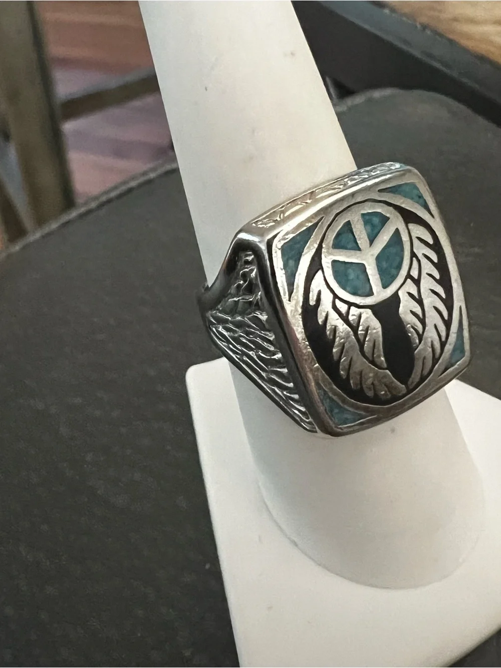 Turquoise Inlay Winged Emblem Sterling Men's Ring